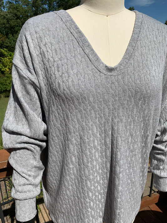 Oversized Cable Knit V-Neck Sweater - Gray