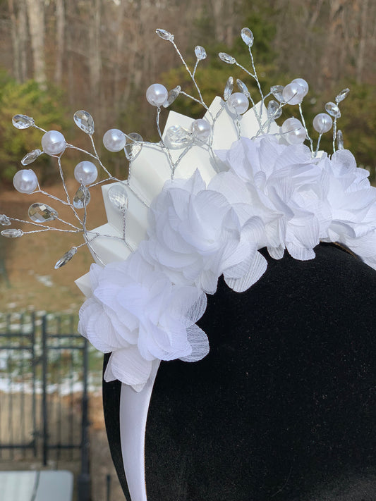 White Rose Crown w/Pearl and Jewel Accents