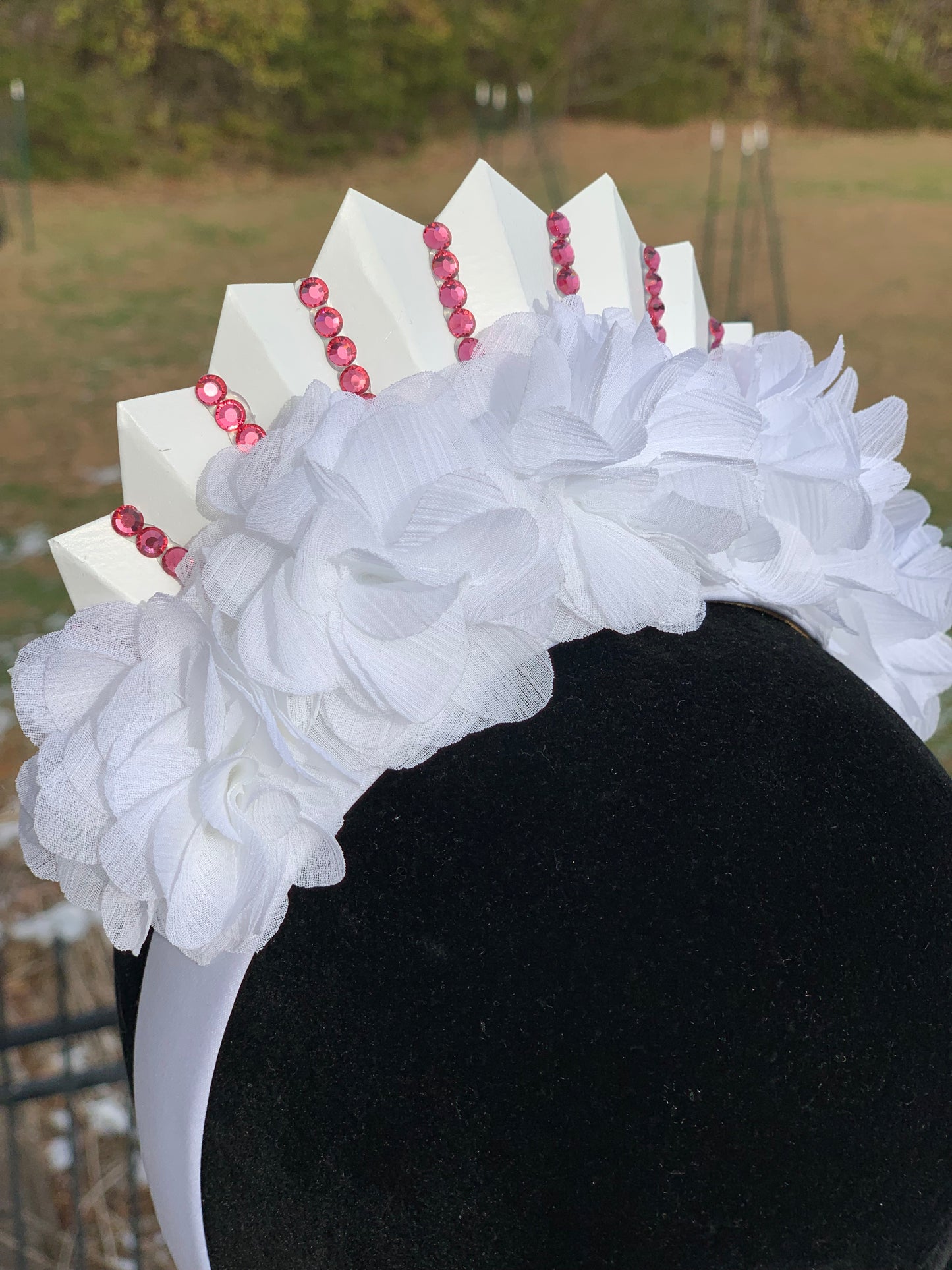 Fluffy Floral White Crown with Pink Rhinestones