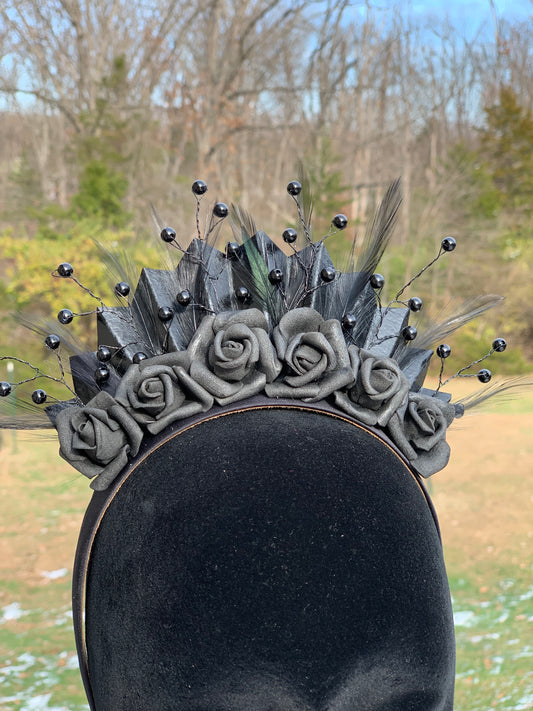 Black Feather and Rose Crown with Beaded Accents