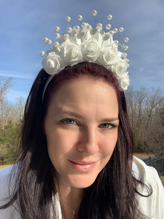 White Rose Crown w/Pearl Accents