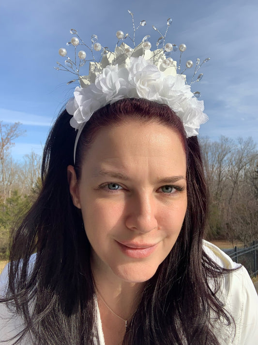 White Rose Crown w/Pearl and Jewel Accents