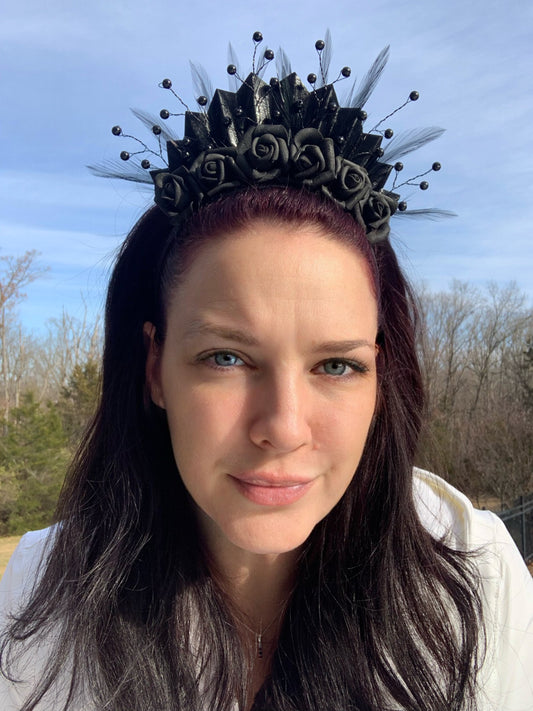 Black Feather and Rose Crown with Beaded Accents