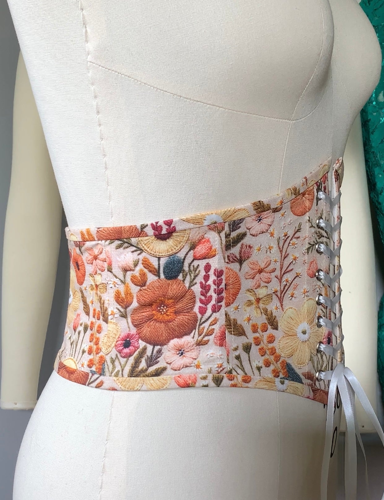 Faux Embroidered Spring Flowers Corset Waist Belt - Available in 12 different sizes