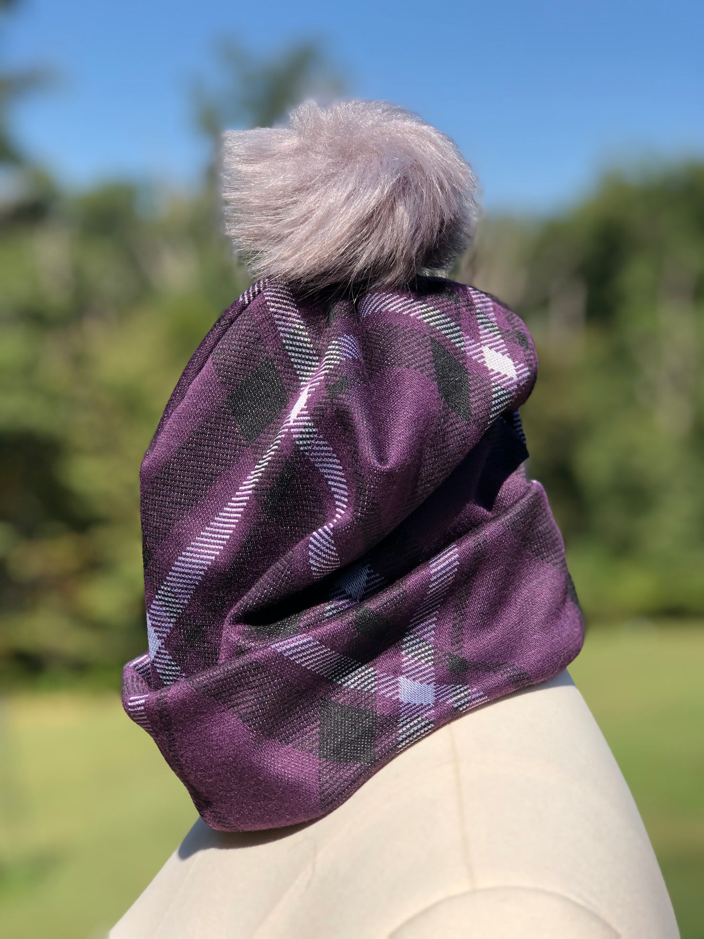 Purple, Gray and Black Plaid Winter Beanie With or Without Pom Pom - Limited Stock