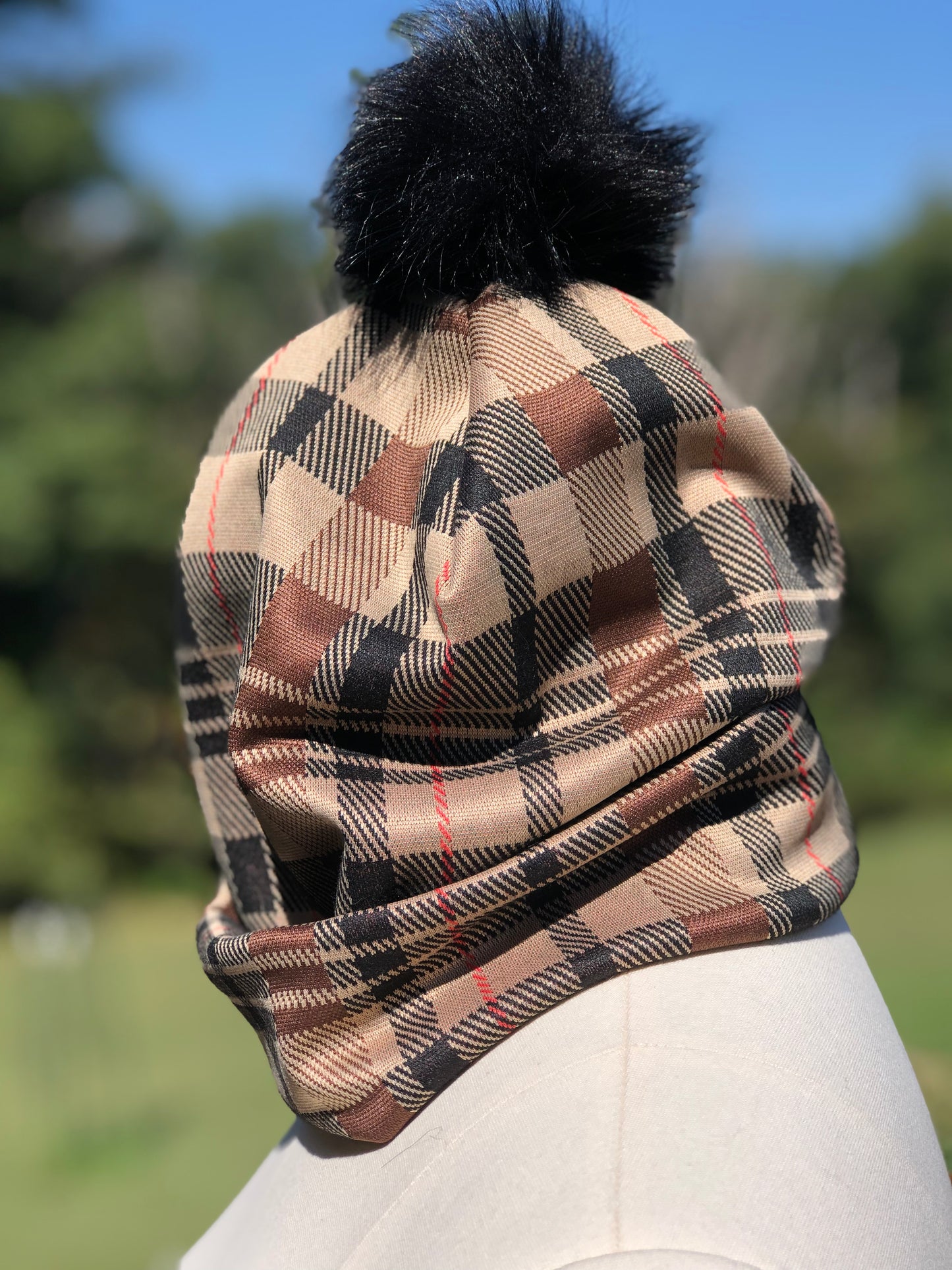 Tan, Brown and Black Plaid Winter Beanie With or Without Pom Pom - Limited Stock