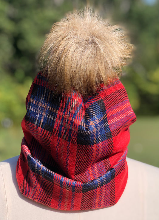 Red, Blue and Black Plaid Winter Beanie With or Without Pom Pom - Limited Stock