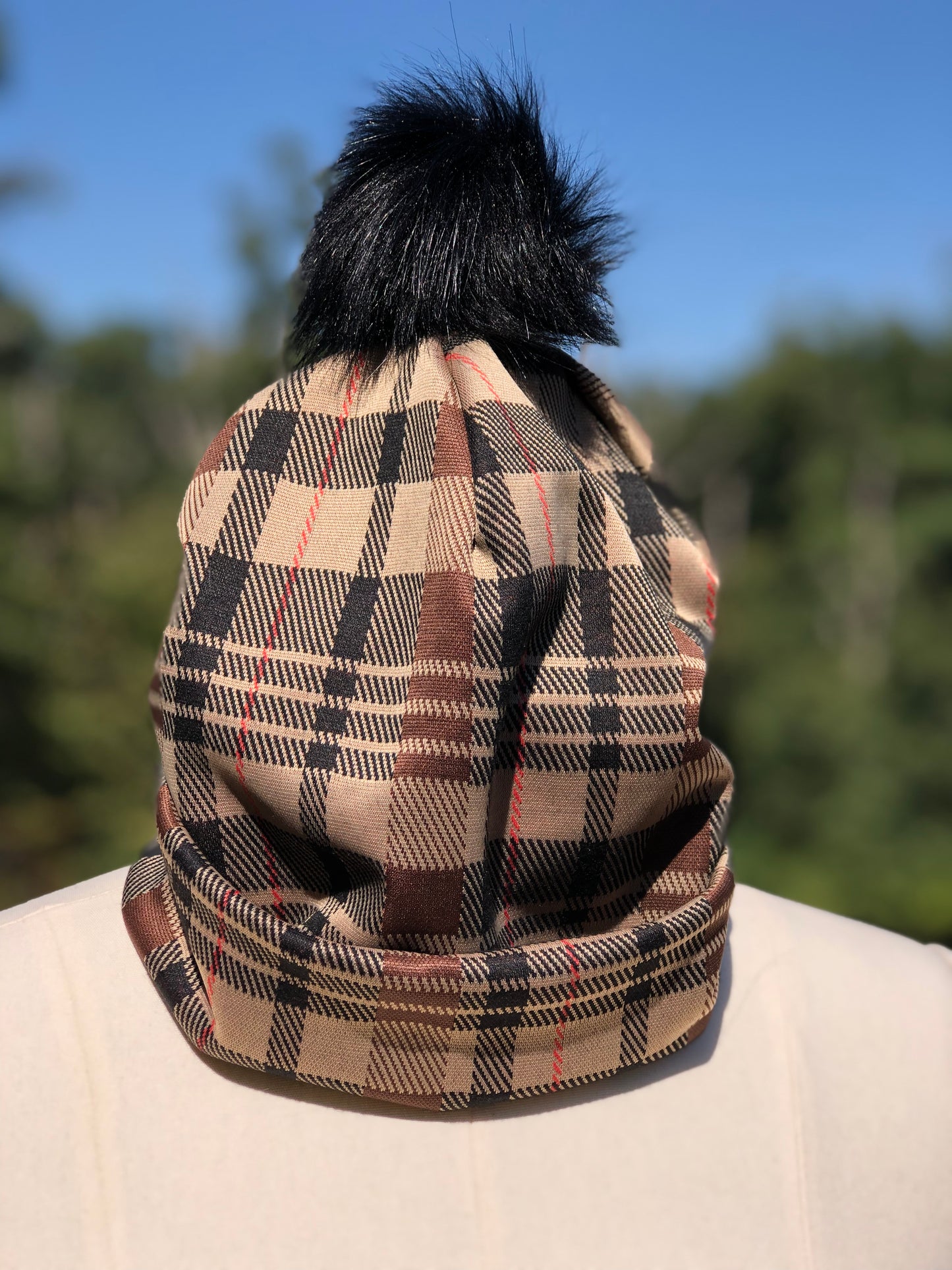 Tan, Brown and Black Plaid Winter Beanie With or Without Pom Pom - Limited Stock