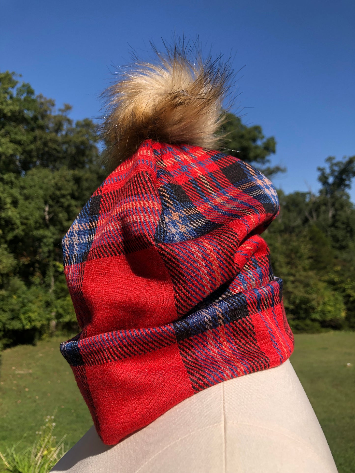 Red, Blue and Black Plaid Winter Beanie With or Without Pom Pom - Limited Stock