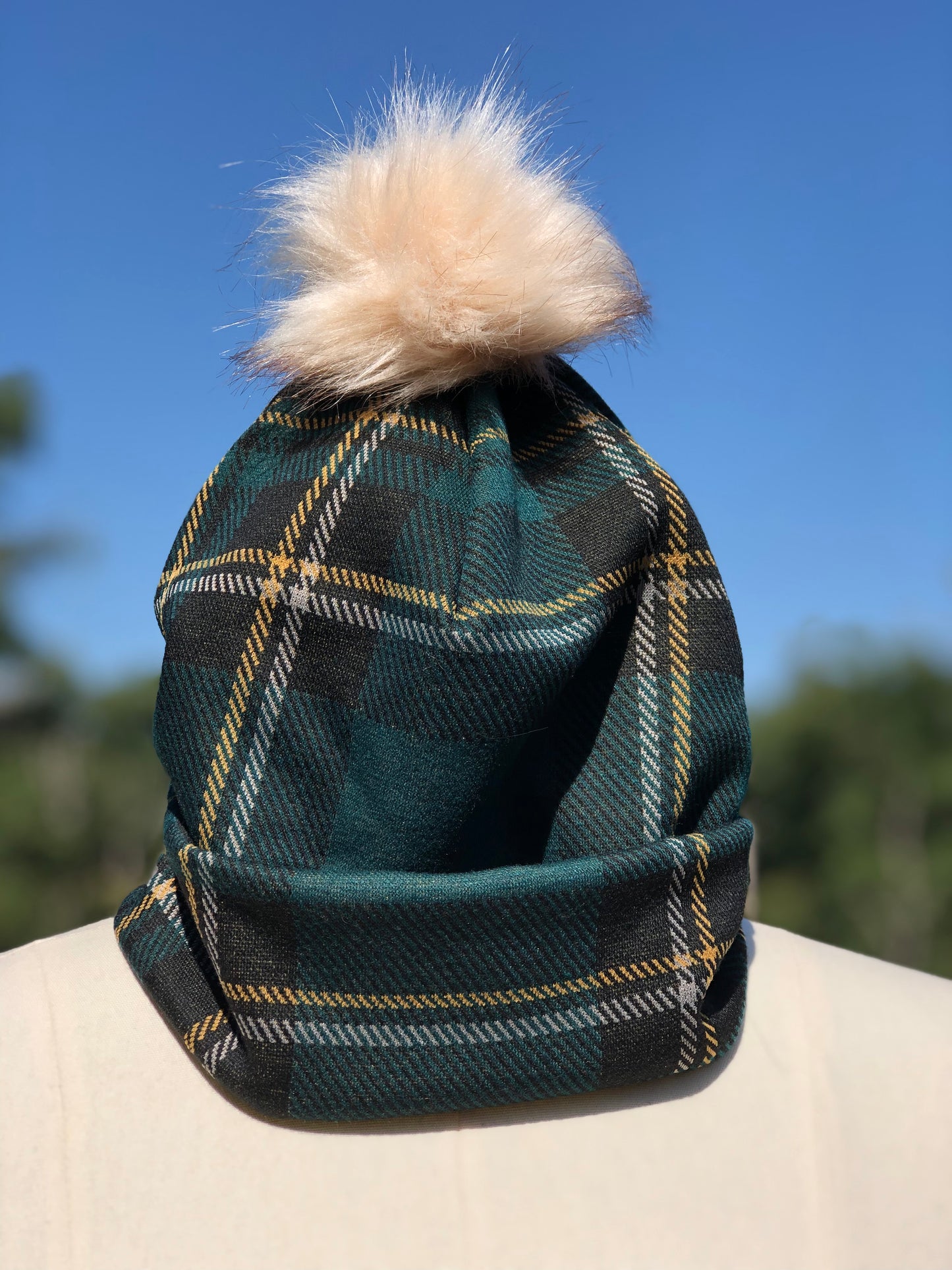 Green, Gold and Black Plaid Winter Beanie With or Without Pom Pom - Limited Stock