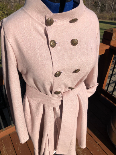 Blush Herringbone Button-up Coat fully lined in white silky Chiffon, with Pockets - Only ONE Available - Size XL