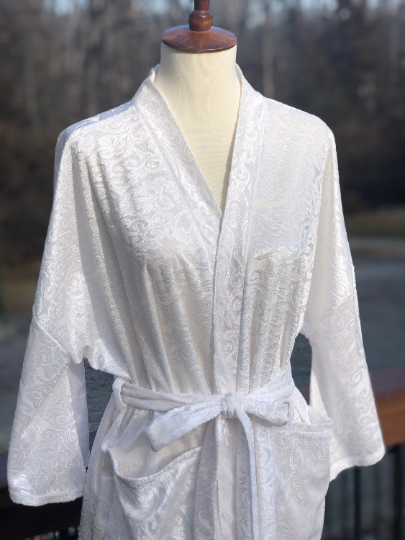 White Burnout Velvet Robe with Pockets - One Size Fits Most