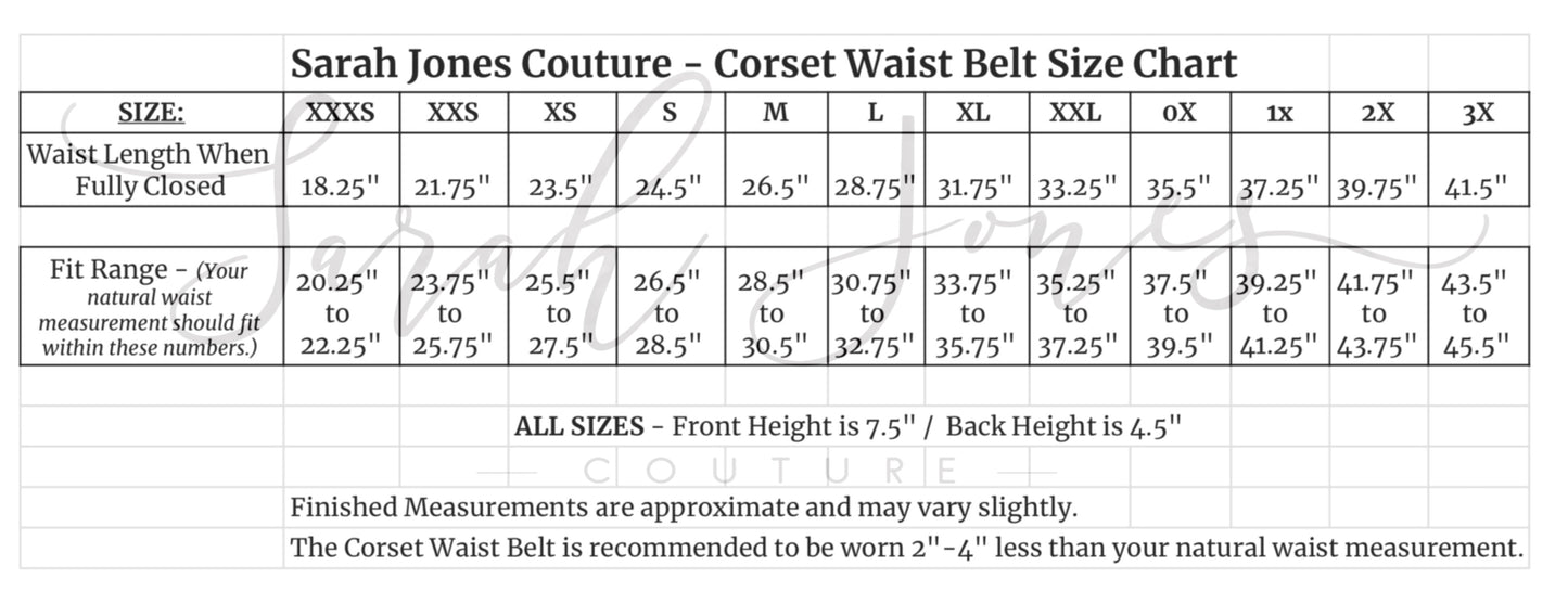 Black Metallic Lace Corset Waist Belt - Available in 12 different sizes