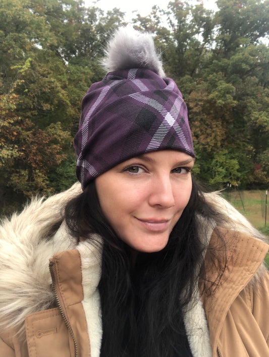 Purple, Gray and Black Plaid Winter Beanie With or Without Pom Pom - Limited Stock