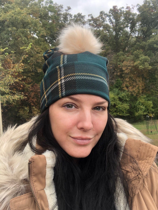Green, Gold and Black Plaid Winter Beanie With or Without Pom Pom - Limited Stock