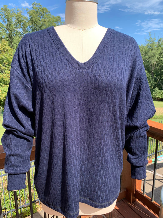 Oversized Cable Knit V-Neck Sweater - Navy