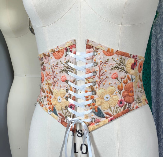 Faux Embroidered Spring Flowers Corset Waist Belt - Available in 12 different sizes