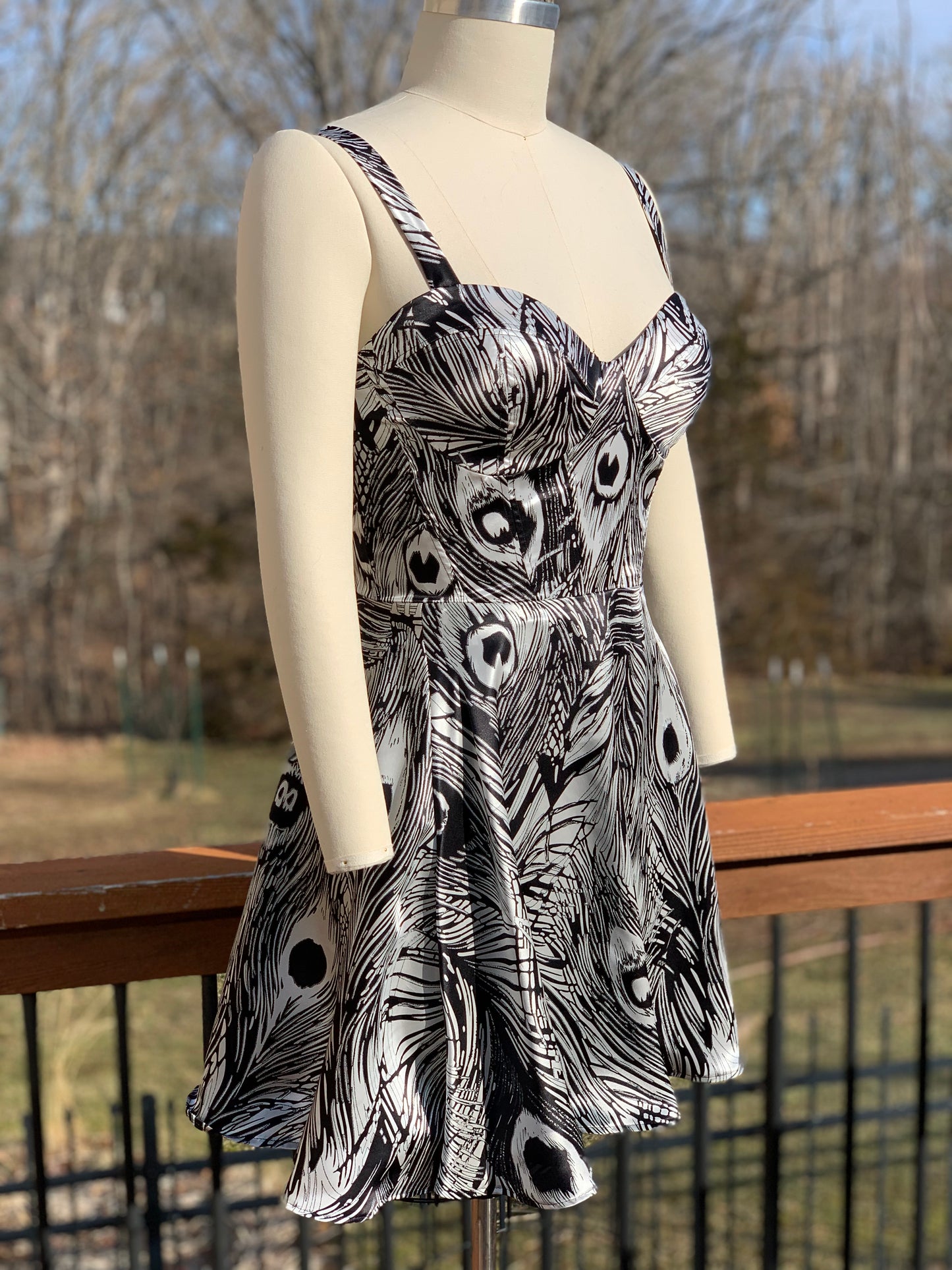 Silk Charmeuse Corset Dress - Black and White Peacock Feather Print - Size 12/14