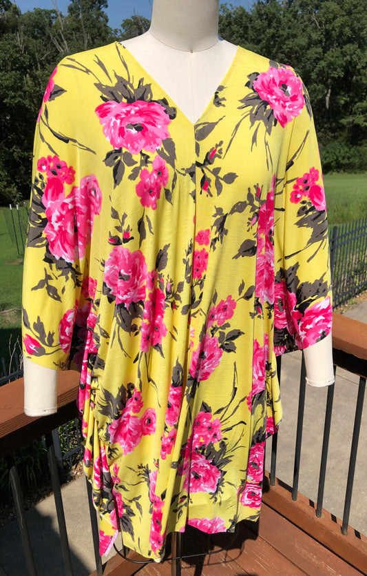 Yellow and Pink Floral Kaftan Knee-Length Dress with Flowy Sleeves - Fits Sizes 8, 10, 12, 14 and 16 - Only ONE Available